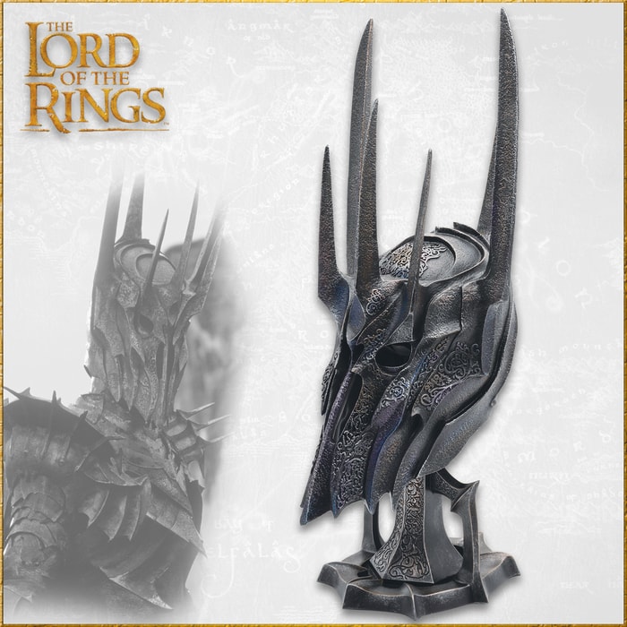 Sauron's helmet with intricate designs, side view