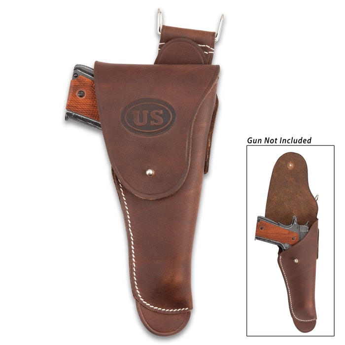 US M1916 Full-Size Pistol Holster - Fits 1911 Colt Pistol - Premium Leather, Top-Stitching, Metal Stud Closure, Metal Hook And Belt Thru-Slots - Reproduction