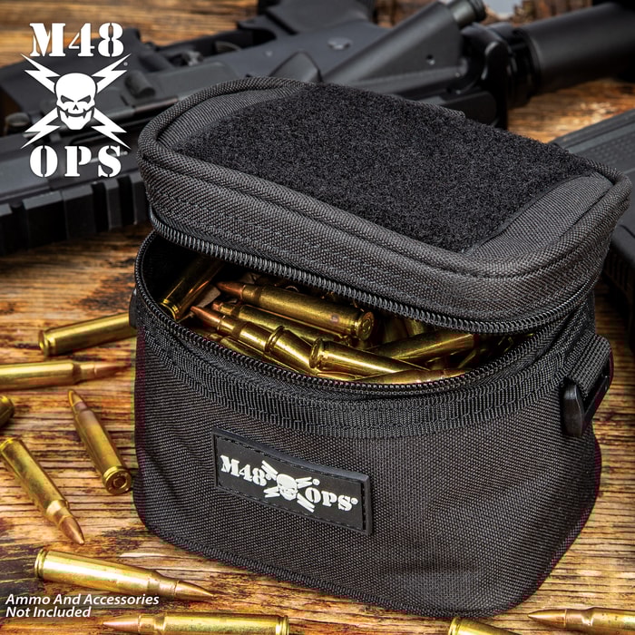 M48 Soft-Side Black Ammo Bang Box - 600D Polyester Construction, Zipper Closure, ABS Loop On Each Side - Dimensions 5 1/4”x 4 1/4”