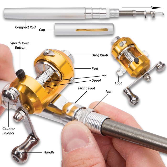 Silver Fishing Pen Compact Rod And Reel, Silver Fishing Pen Compact Rod And Reel,