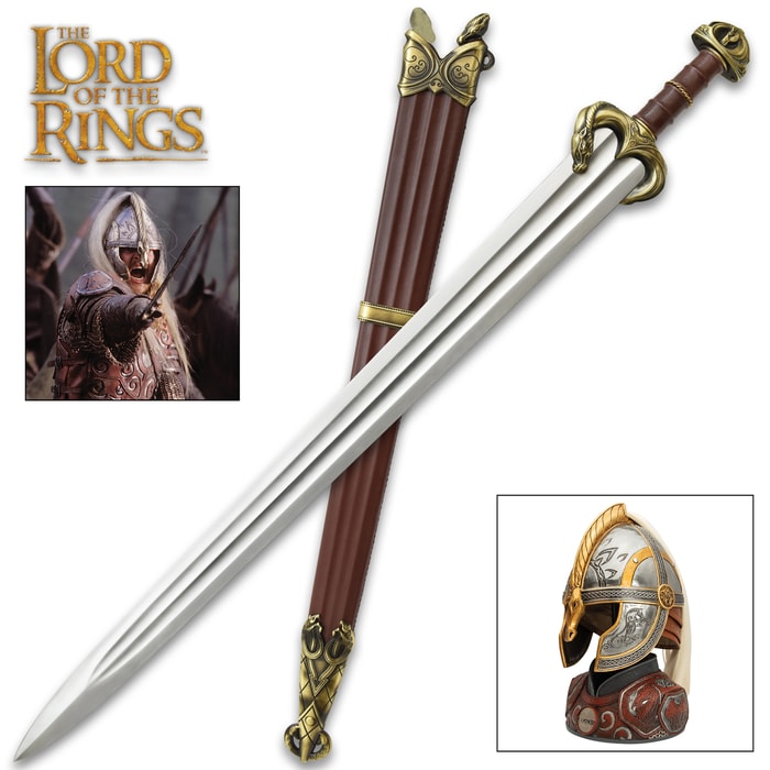 This image shows the sword of Eomer lying on its scabbard next to Eomer's helm.