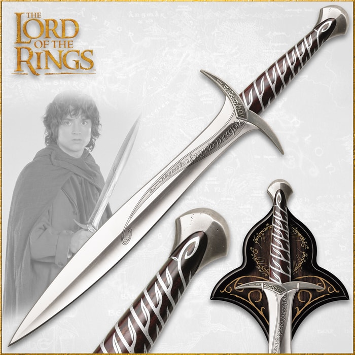 Lord of the Rings sting sword of Frodo engraved with runes on the blade and handguard showcased with matching wooden plaque
