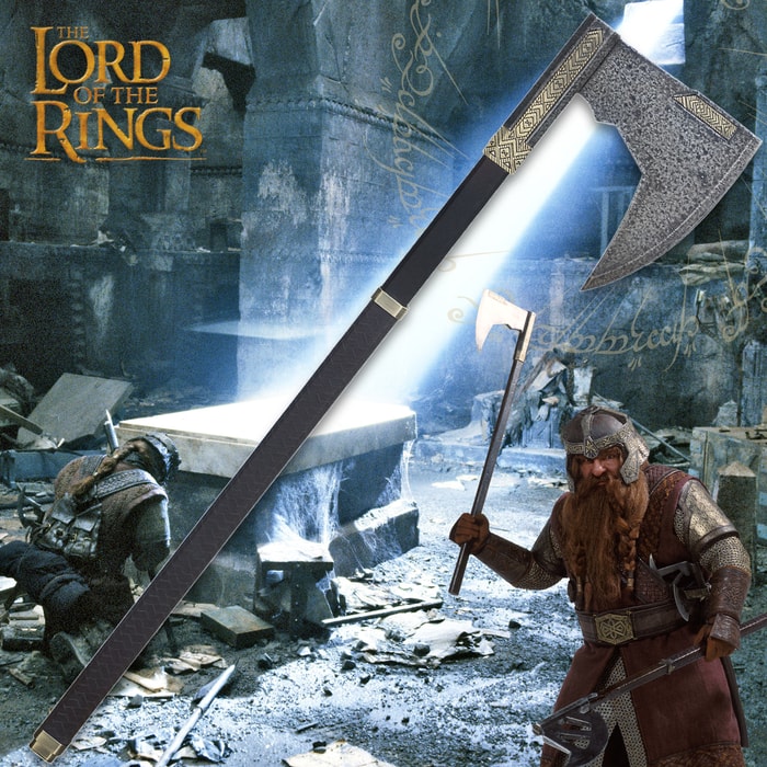 The Lord of the Rings Bearded Axe of Gimli replica shown held by the film character Gimli and in full with weathered steel finish. 