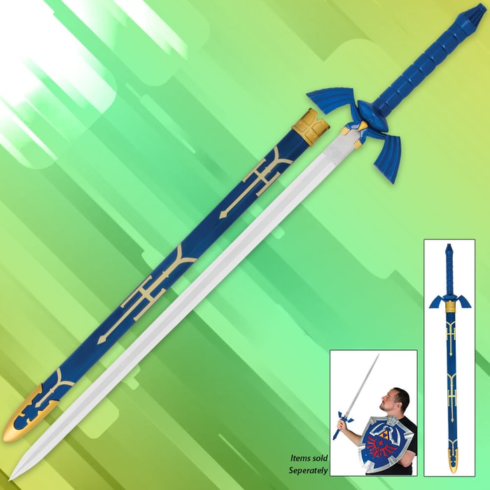 The Legend of Zelda Master Sword shown next to blue and gold scabbard, matching the handle, both made of ABS. 