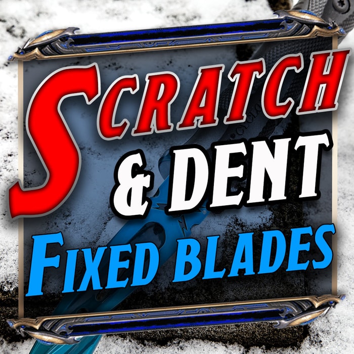 “Scratch and Dent Bowie Fixed Blades” text over a background of a blue bladed knife.