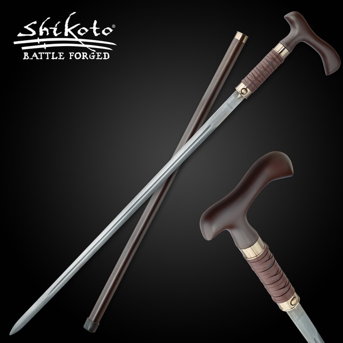 Shikoto sword cane has leather wrapped handle, matching with the cane scabbard. 