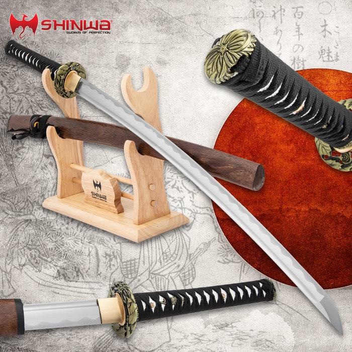 Shinwa Woodland Grove Katana shown on a wooden Shinwa stand and with detailed views of the blade and handle.