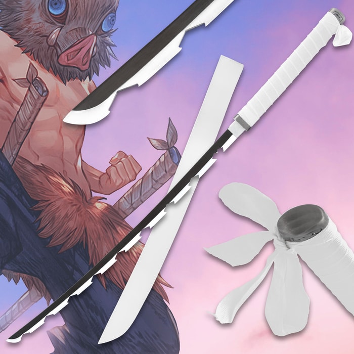 Inosuke Hashibara Nichirin Demon Slayer Sword shown in full and with detailed view of the blade and pommel next to character.