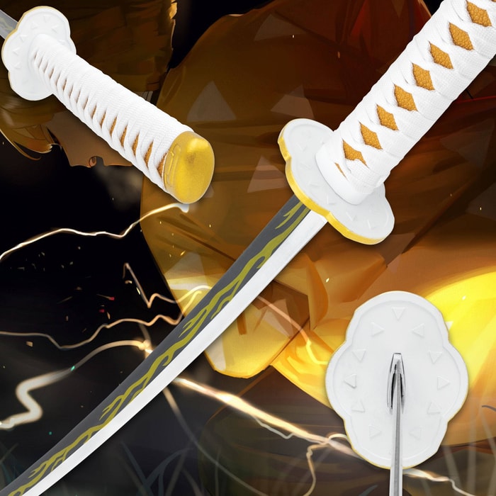 Three different views of the Zenitsu Agatsuma Nichirin Demon Slayer Sword with lightning bolt blade and white tsuba.