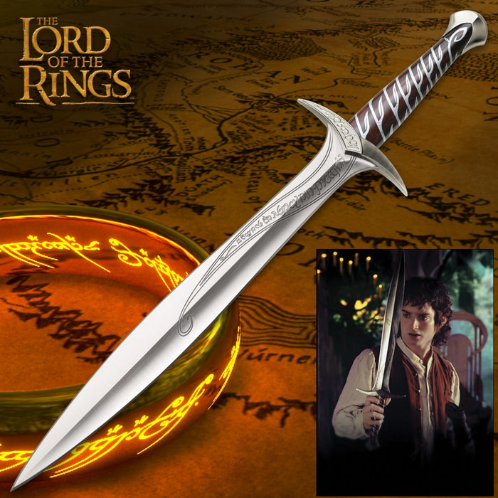 The Lord of the Rings Sting sword, carried by Frodo Baggins, is shown in full detail with runes engraved across the piece. 
