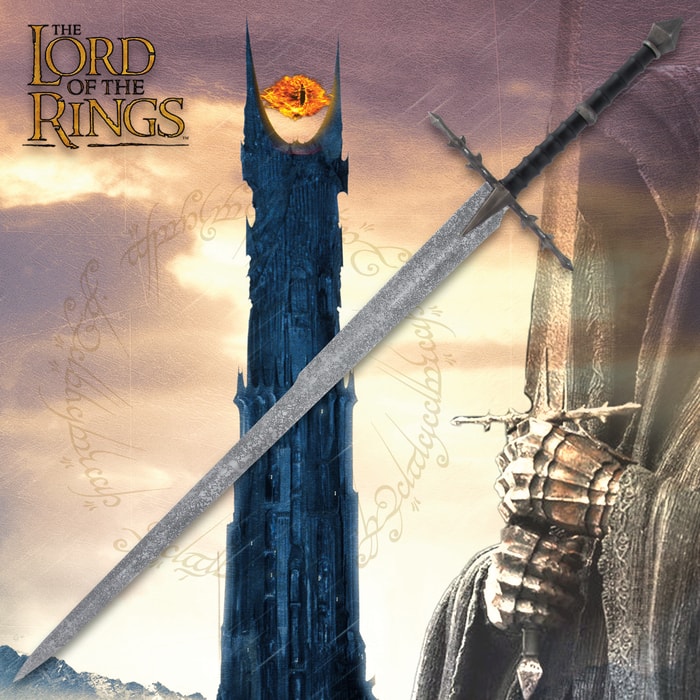 The Lord of the Rings Ringwraith sword is shown in front of the Eye of Sauron.  