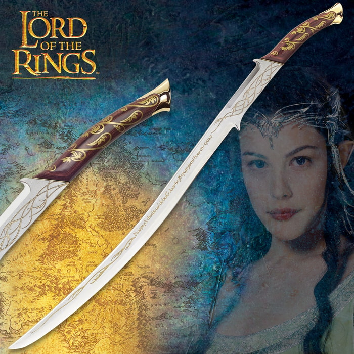 The Lord of the Rings Hadhafang, the sword of Arwen Evenstar, is shown in full with laser etched runes and with a closeup of the solid wood grip. 
