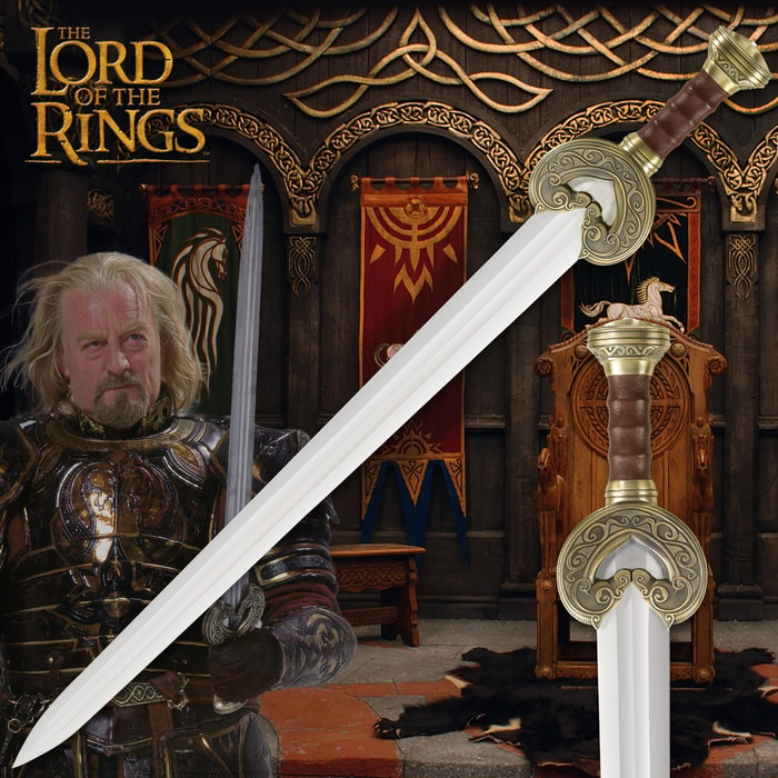 The Lord of the Rings Harugrim sword is shown in full with a zoomed view of the ornate, brass-plated metal guard and pommel. 