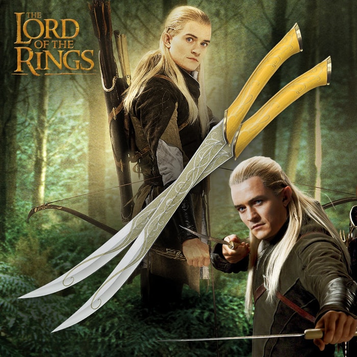 The Lord of the Rings fighting knives used by Legolas Greenleaf are shown in use by the character and in full with Elven vine accents down the blades.  