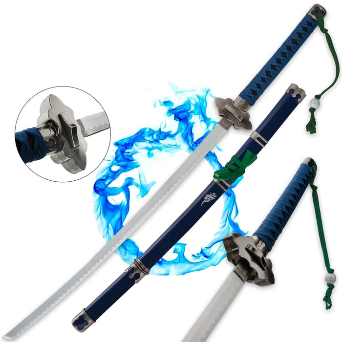 Blue Exorcist Katana shown from various views with cloud shaped guard, blue cord wrapped handle, and blue scabbard. 