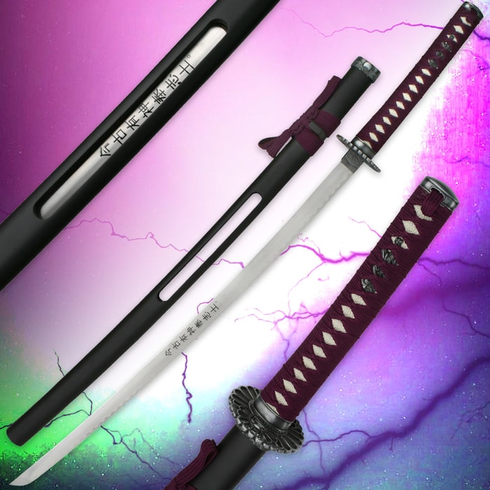 Purple Samurai Warrior Sword shown with open side scabbard and purple cord wrapped handle on colorful background. 