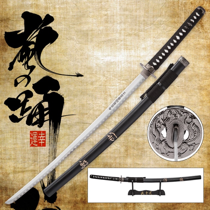Last Samurai Spirit Katana shown atop traditional background with detailed view of the dragon tsuba and stand. 