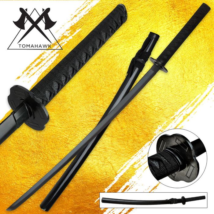 Tomahawk Black Emperor katana shown with black lacquered scabbard, ray skin handle with black cord wrap, and black tsuba. 