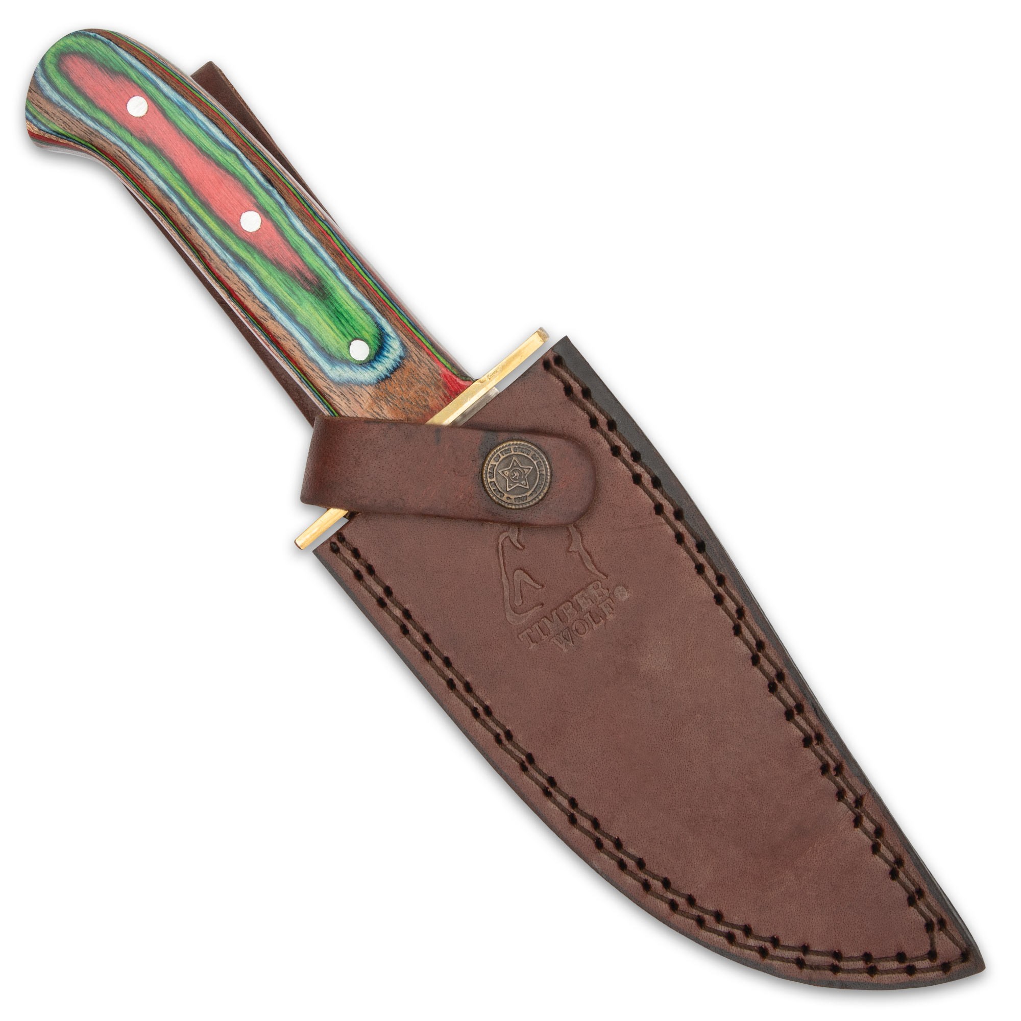 TIMBER WOLF RAINBOW KNIFE AND SHEATH - BudK