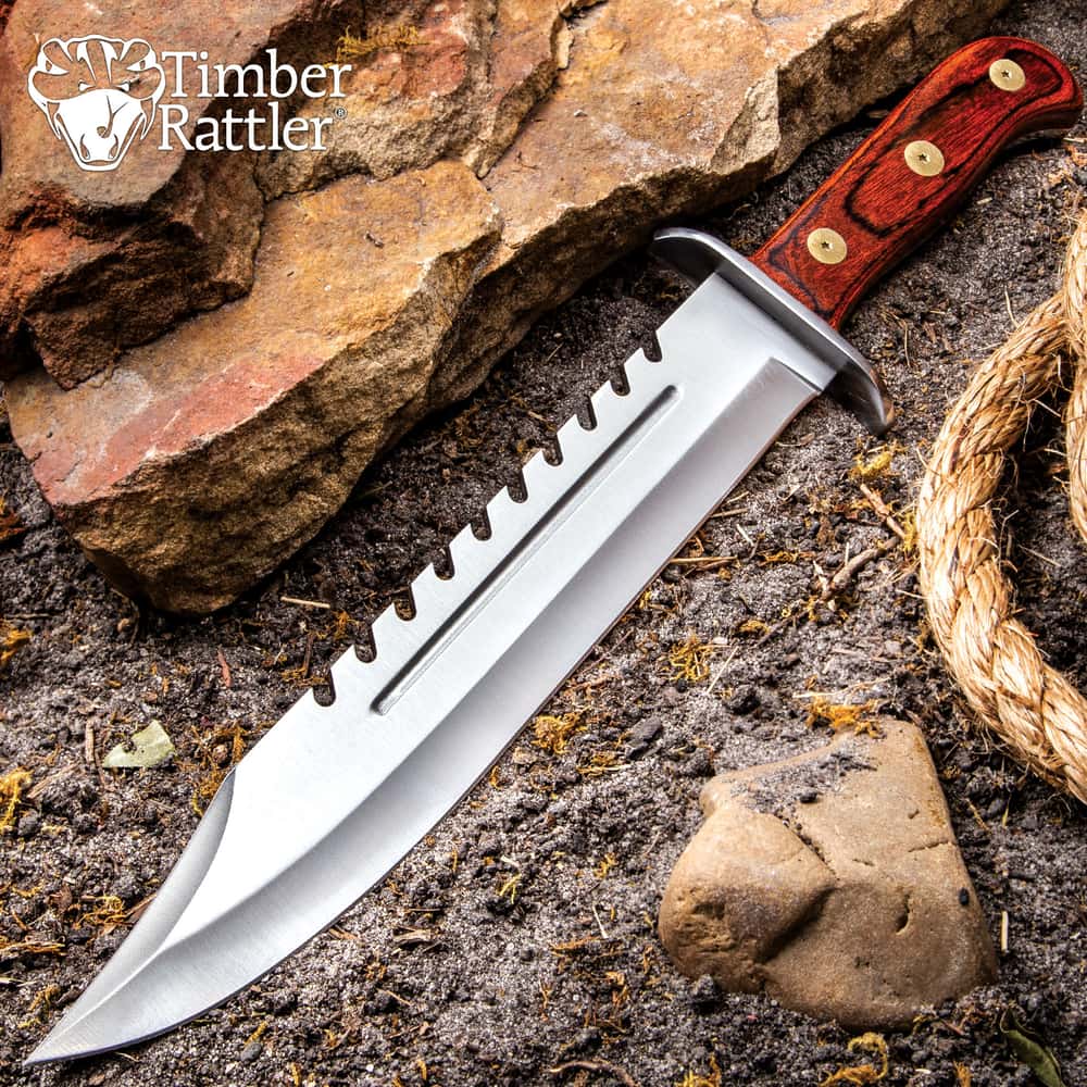 Timber Rattler Sawback Mountain Bowie Knife With Sheath Free