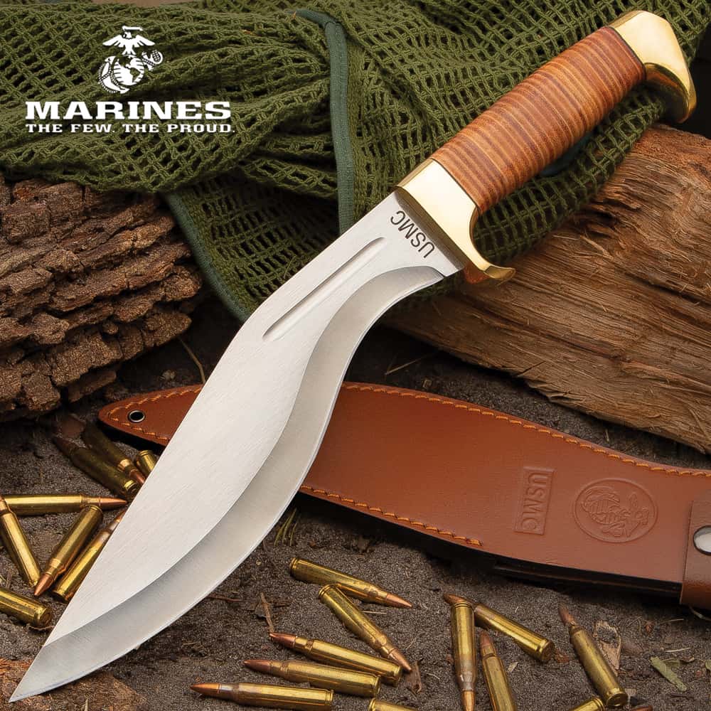 Usmc Stacked Leather Handle Kukri Knife Free Shipping