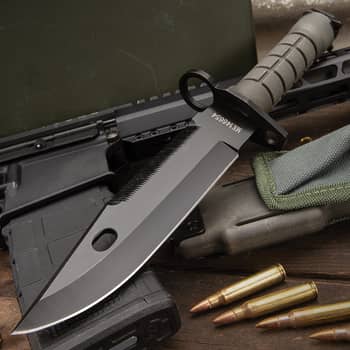 M-9 Bayonet Knife With Sheath - Stainless Steel Blade, Non-Reflective Finish, Serrated Spine, TPU Handle With Bayonet Clip - Length 12”