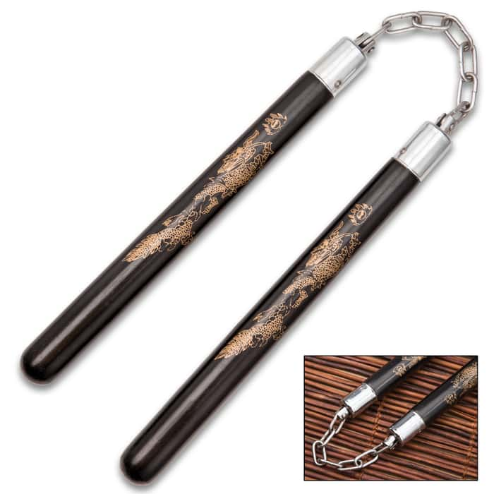 Black Wooden Golden Dragon Nunchaku - Free Shipping!