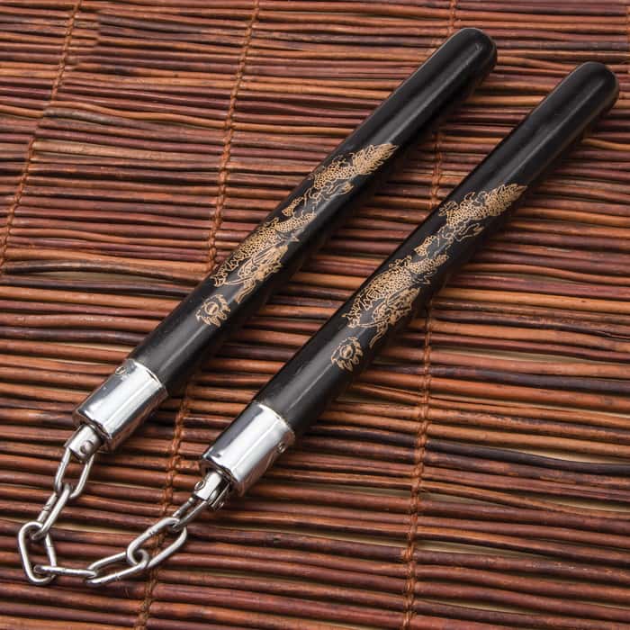 Black Wooden Golden Dragon Nunchaku Free Shipping!