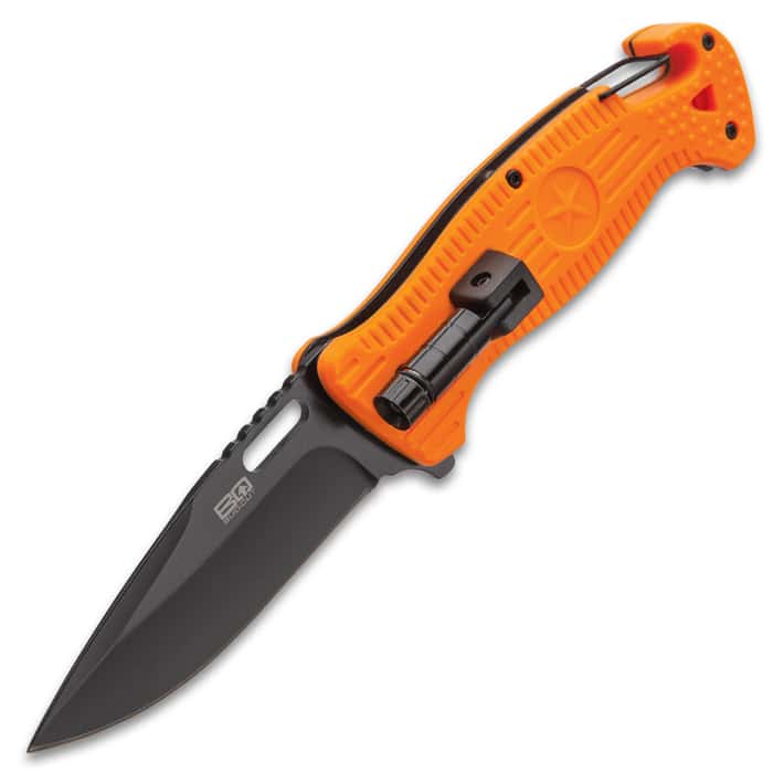 BugOut Rescue Orange Pocket Knife with Flashlight