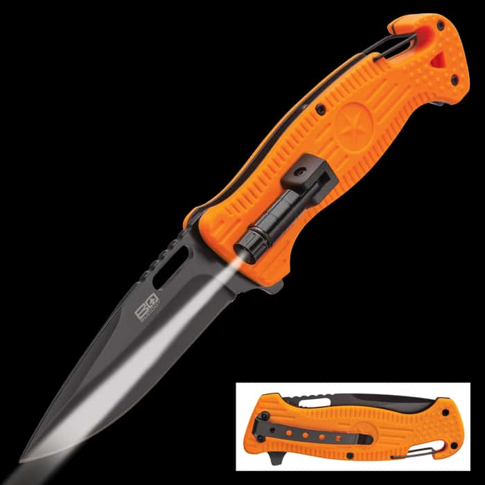 BugOut Rescue Orange Pocket Knife with Flashlight