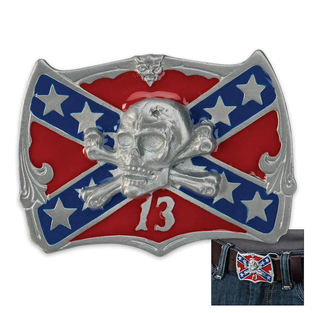 Skull / Confederate Flag Belt Buckle | True Swords