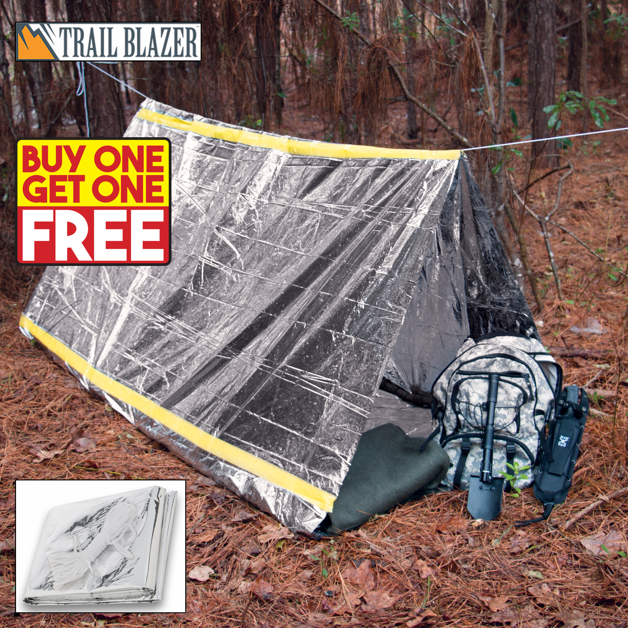 Trailblazer Emergency Rescue Tent - Instant Shelter / Protection from Weather, Other Dangerous Conditions - Lightweight, Durable, Compact - Includes 20' Cord - Fits 2+ Persons - 8' x 5' - BOGO
