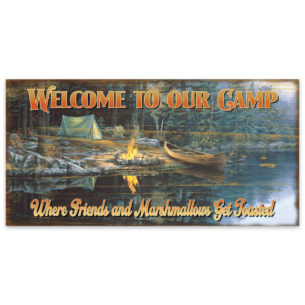 Welcome to Our Camp | Wooden Sign with Lakeside Camping Scene Art | 7