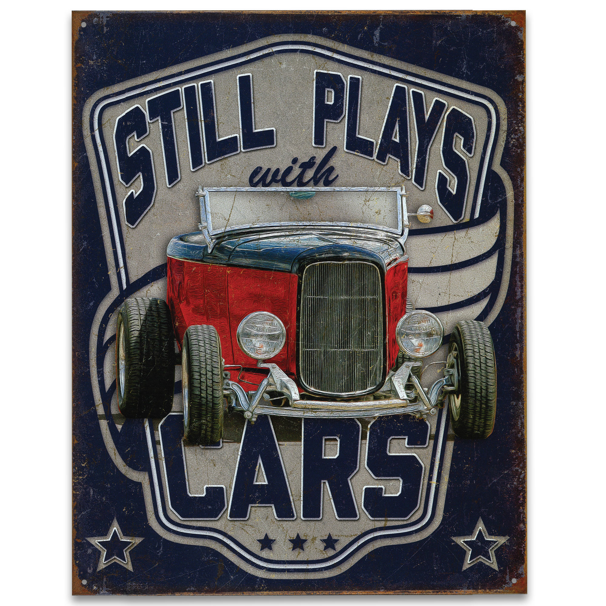 Vintage Style Tin Sign - Still Plays with Cars - Antique Red Car