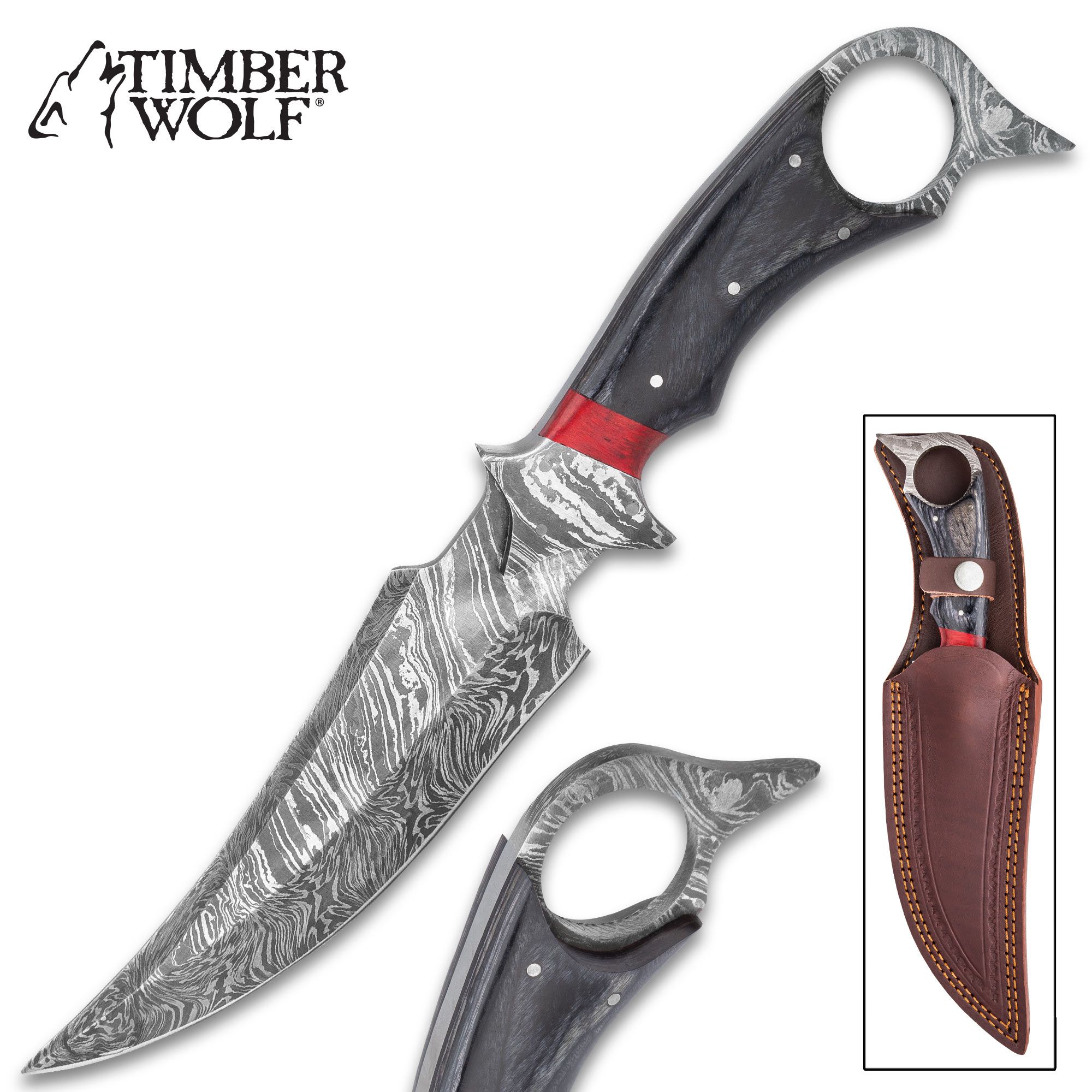 Timber Wolf Aggressor Fixed Blade Knife With Sheath Damascus Steel Blade, Pakkawood Handle