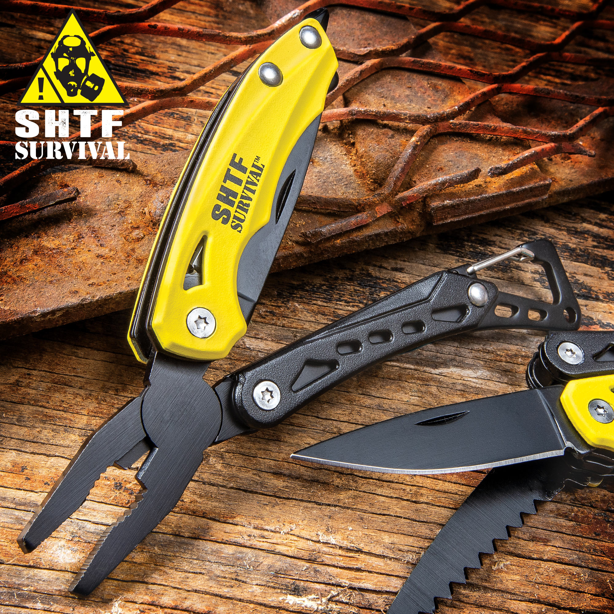 SHTF Yellow MultiTool And Carabiner Clip Stainless Steel Blade, Aluminum Handle, Pliers, Saw