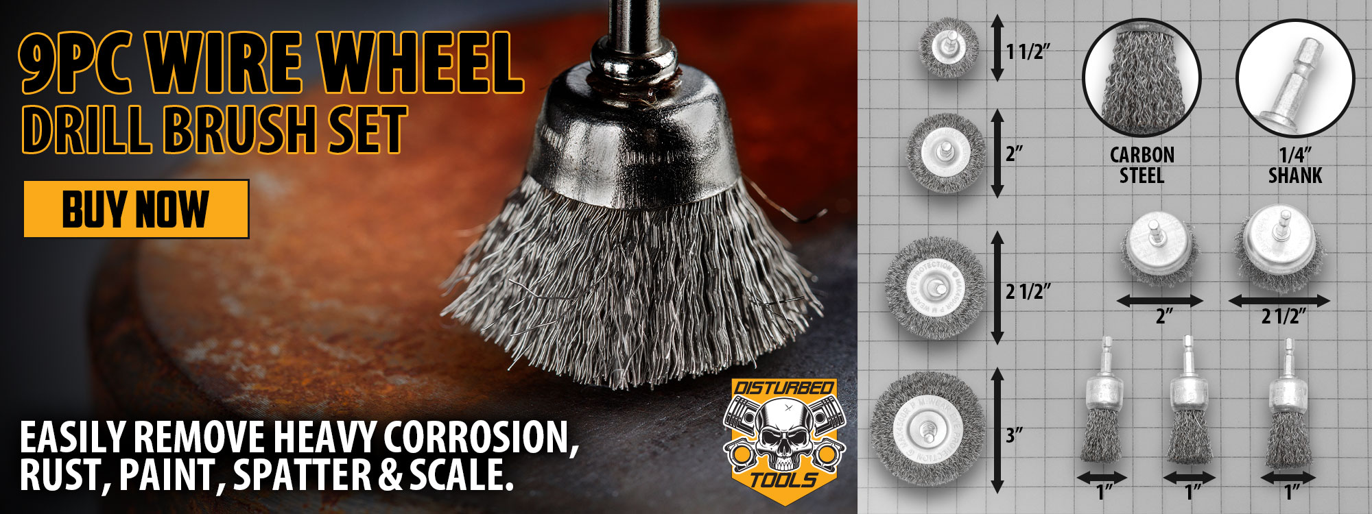Disturbed Tools 9pc Wire Wheel Drill Brush Set