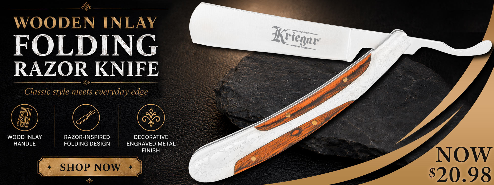 Kriegar Wooden Inlay Folding Razor Knife