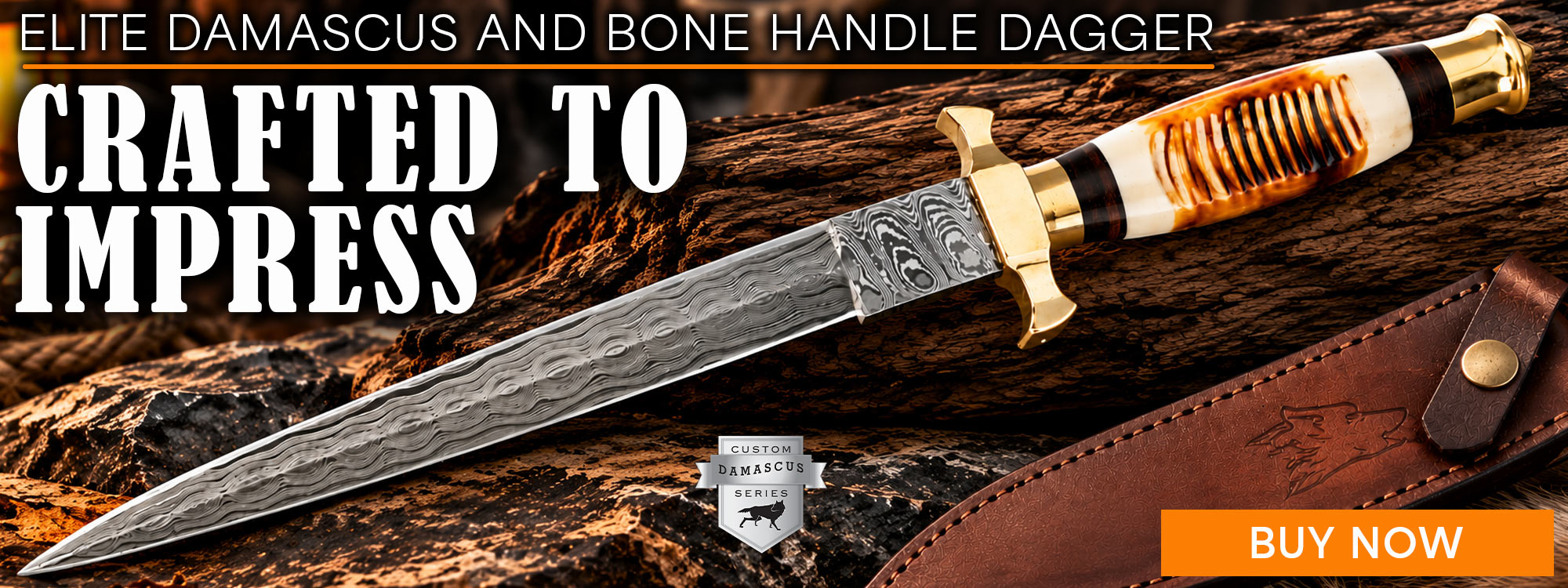 Timber Wolf Elite Damascus and Bone Handle Dagger