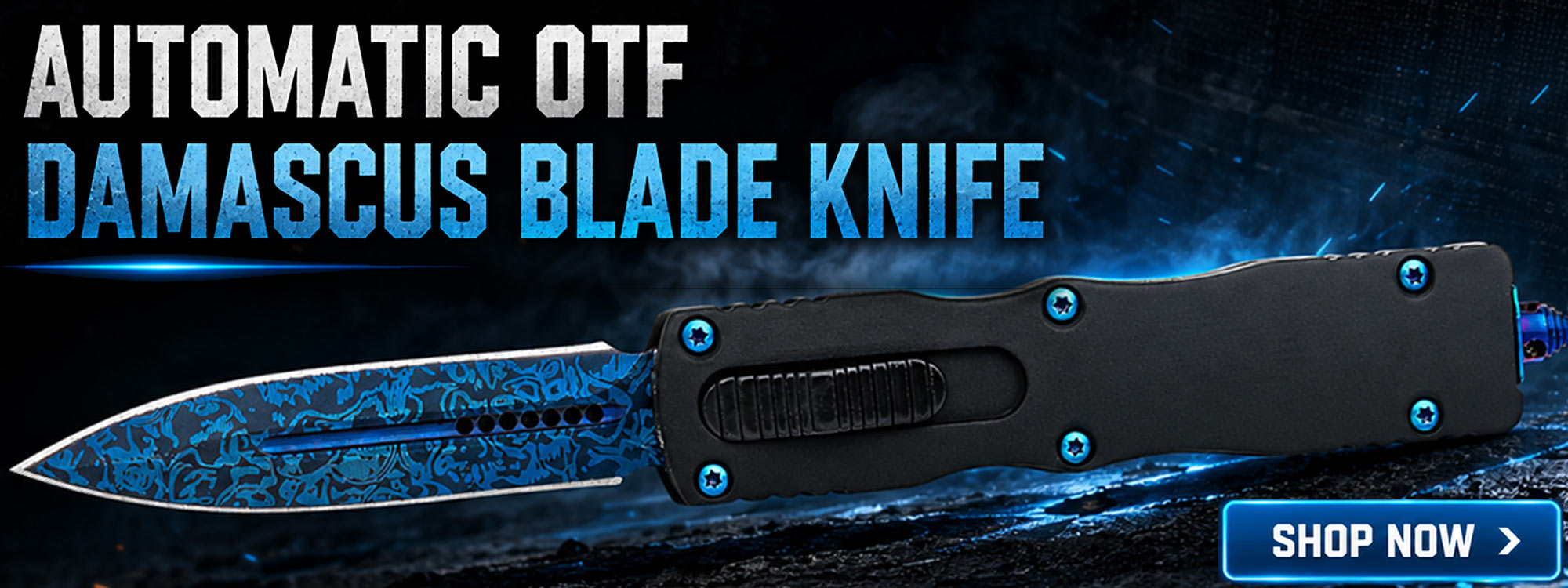 Dagger Automatic OTF Blue Damascus Blade Knife