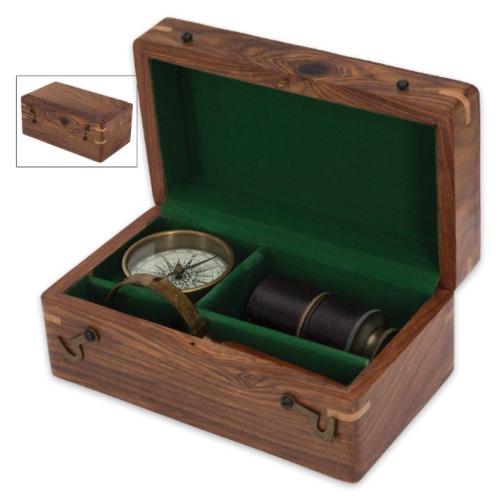 Replica Antique Navigational Instruments in Wooden Display Box True Swords