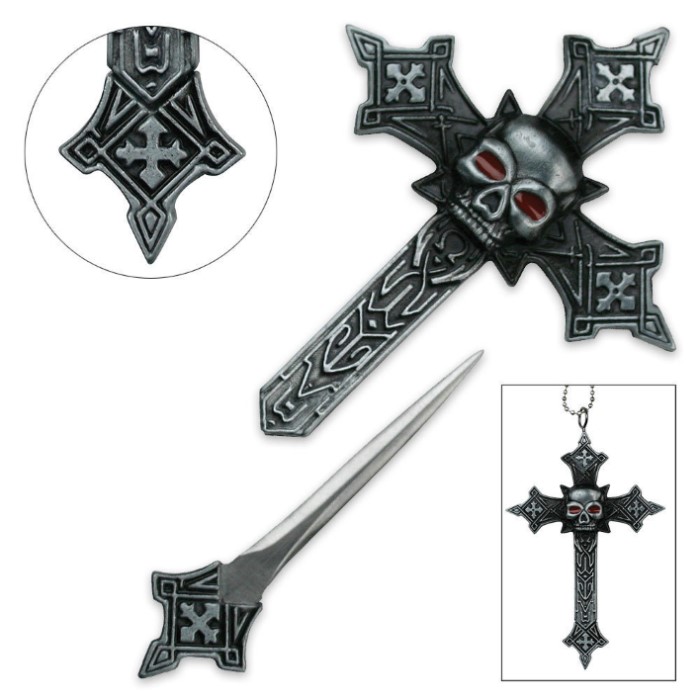 Gothic Cross Necklace w/ Hidden Knife True Swords