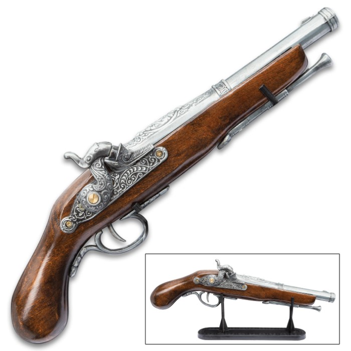 Replica Decorative Flintlock Pirate Pistol With Stand Crafted of Wood