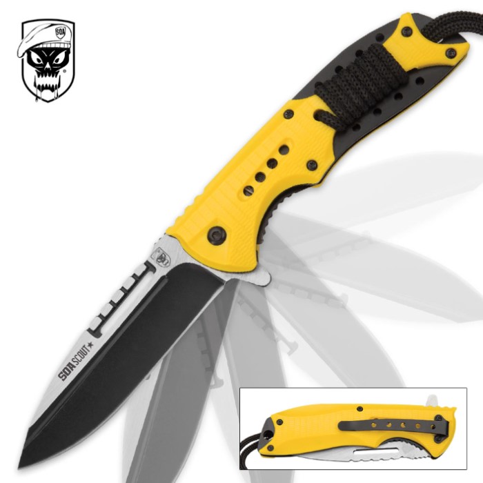 Soa Scout Assisted Opening Pocket Knife Yellow With Black Paracord Wrapping Kennesaw Cutlery