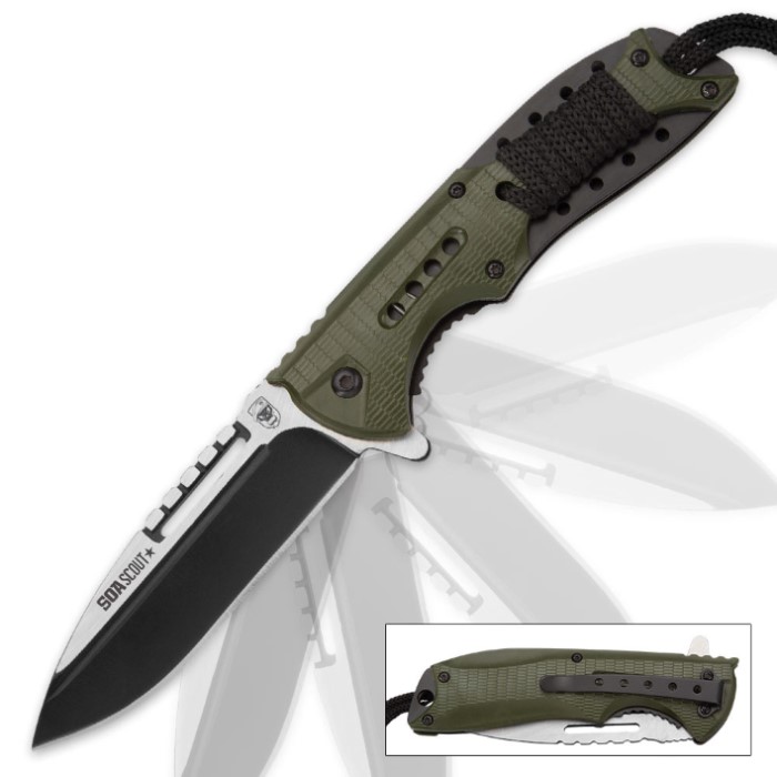 SOA Scout Assisted Opening Pocket Knife - OD Green with Black Paracord ...