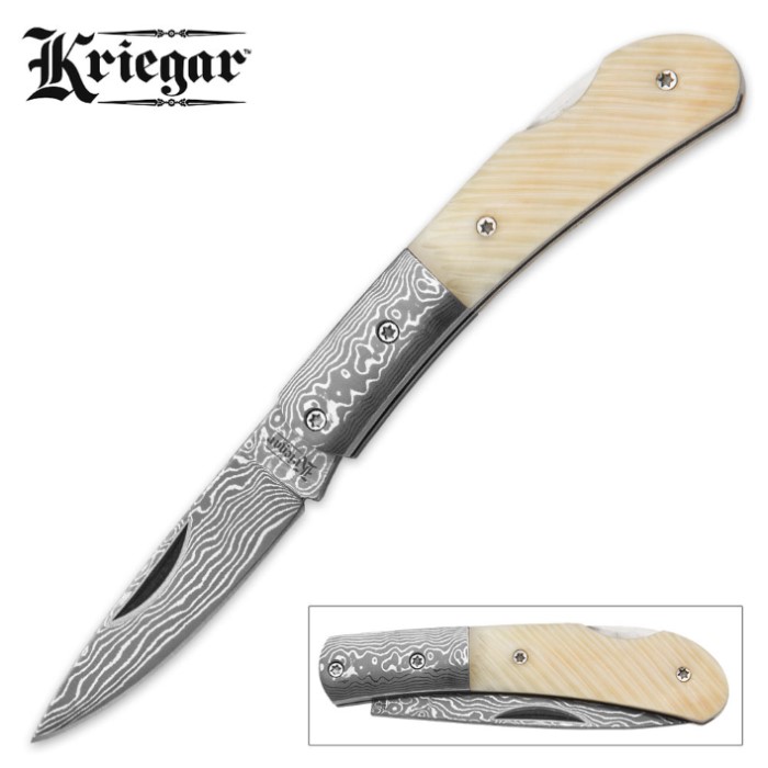 Kriegar "Ripple" White Bone Handle Pocket Knife Kennesaw Cutlery