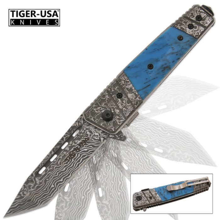 Turquoise & Damascus Pattern Tanto Blade Folding Pocket Knife Knives & Swords At