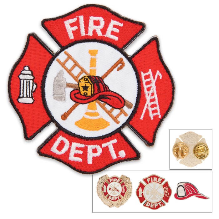 Fire Department / Firefighters Lapel Pin and Ironon Patch Gift Set