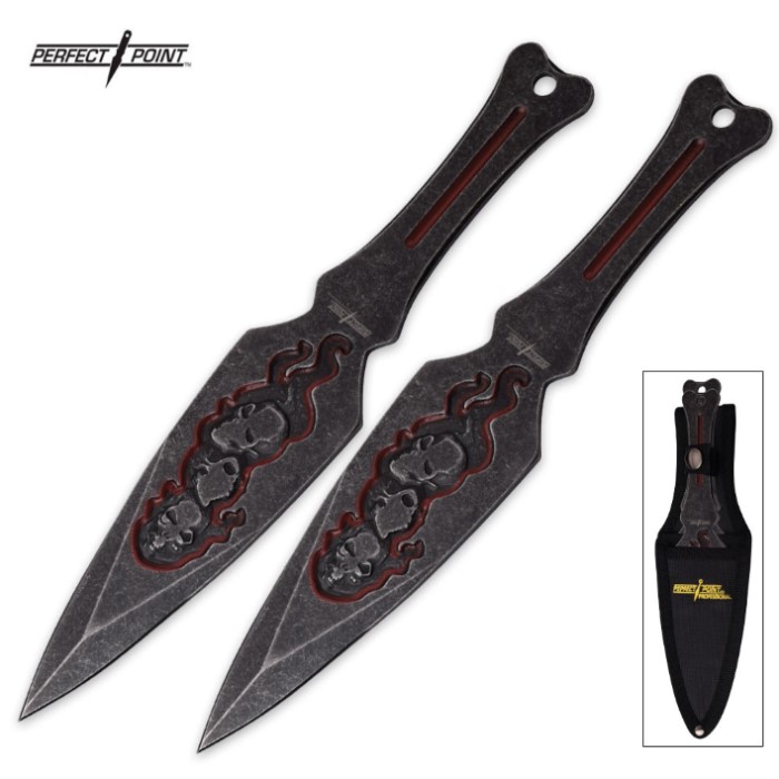 Perfect Point Flaming Skulls Double Throwing Knife Set with Sheath ...