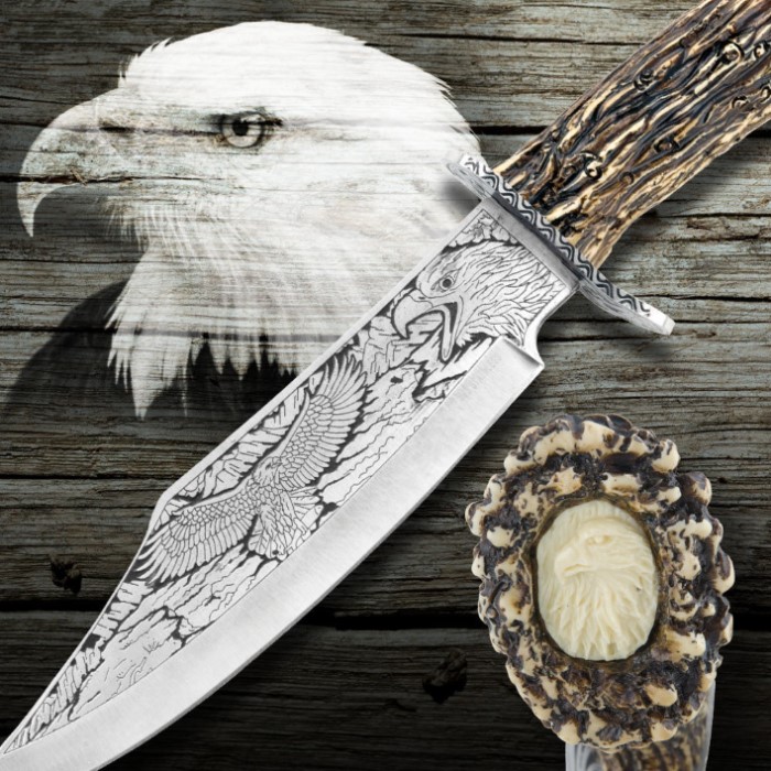 Custom Knife Antler Display Bald Eagle Bowie w/ Stand True Swords